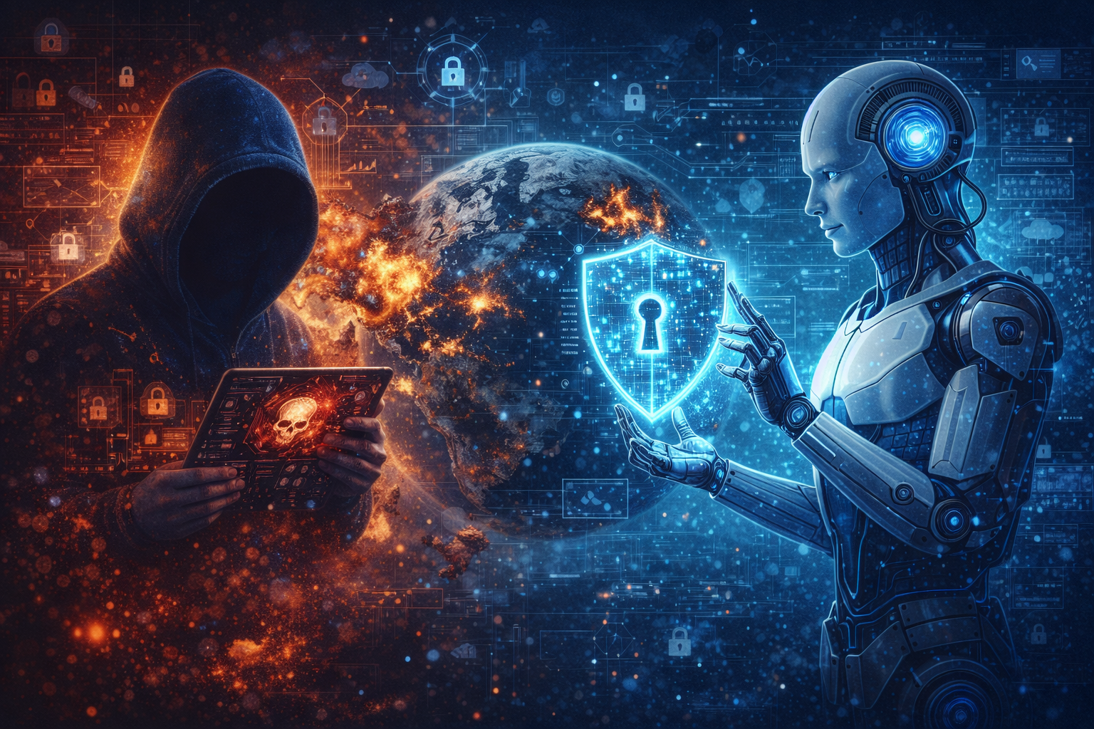 AI cyber warfare showing digital attacks and cybersecurity defense