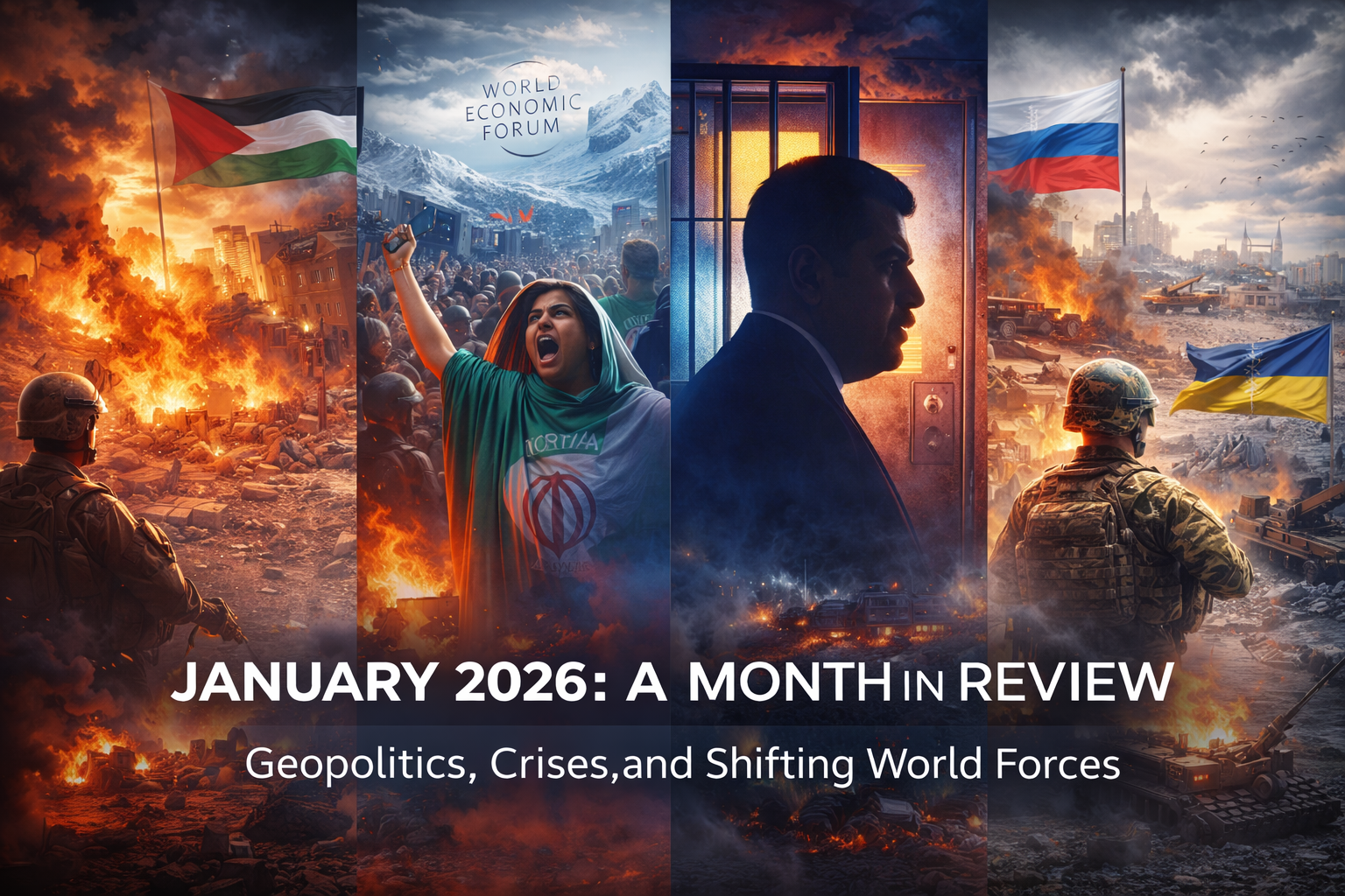 January 2026 global crises including Gaza, Ukraine war, Iran protests, and Davos