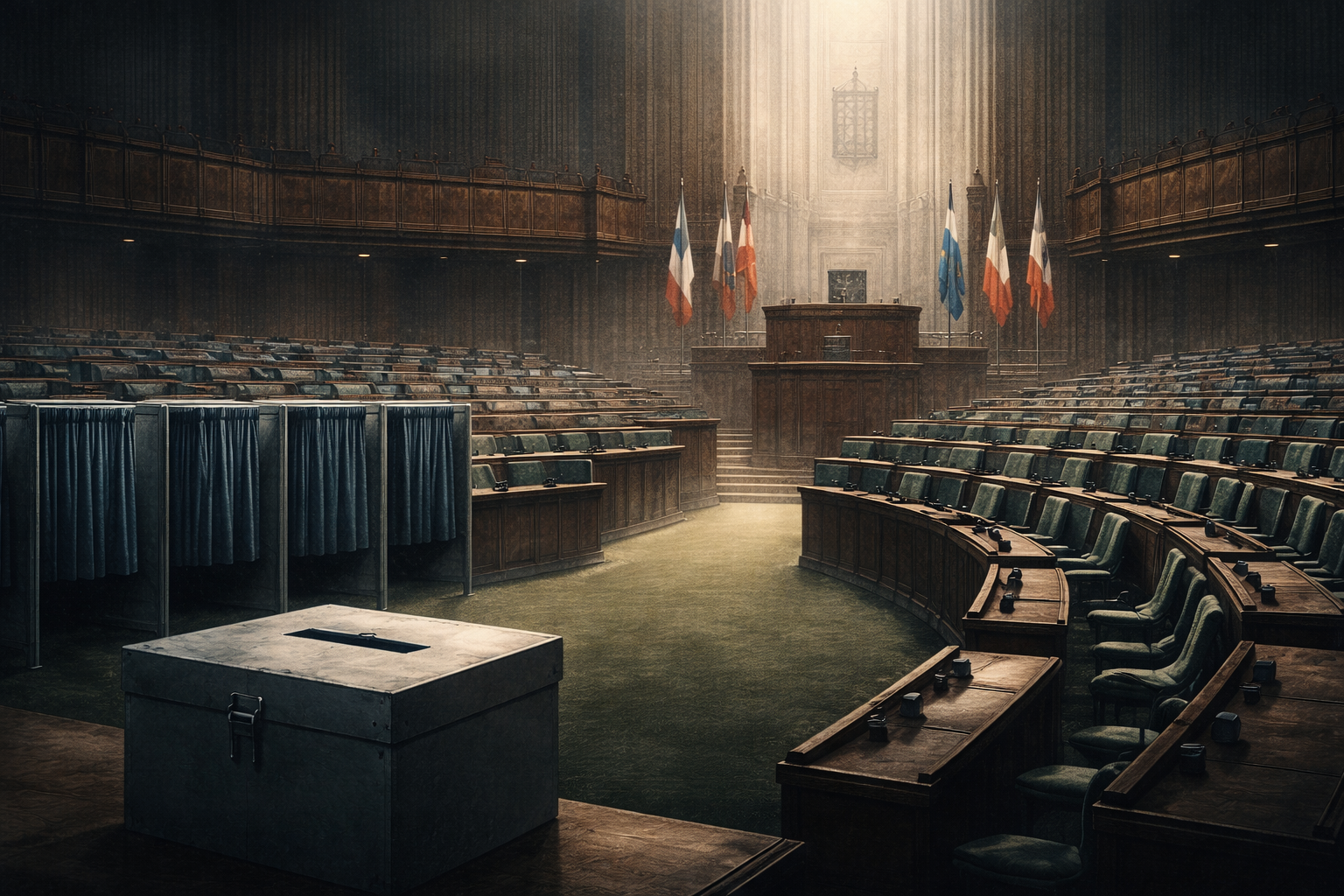 Democracy without Democrats, Empty democratic institutions symbolising declining public belief and participation in democratic systems.