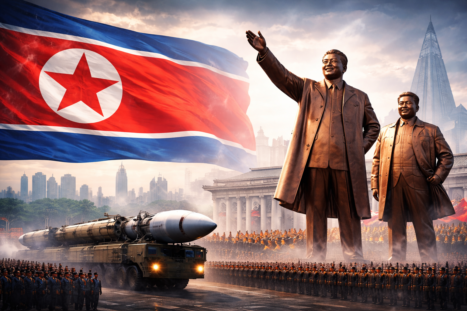 North Korea under the Kim dynasty, illustrating authoritarian power, military symbolism, and dynastic rule.