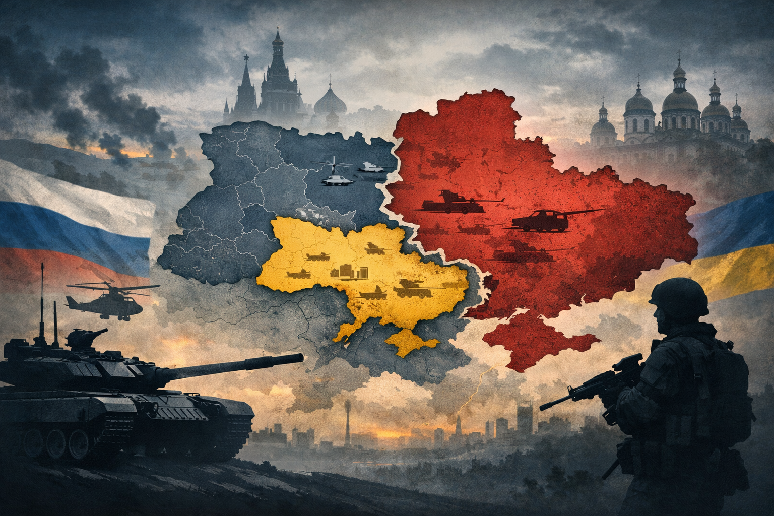 Geopolitical illustration of the Russia–Ukraine war highlighting strategic tensions in Eastern Europe.