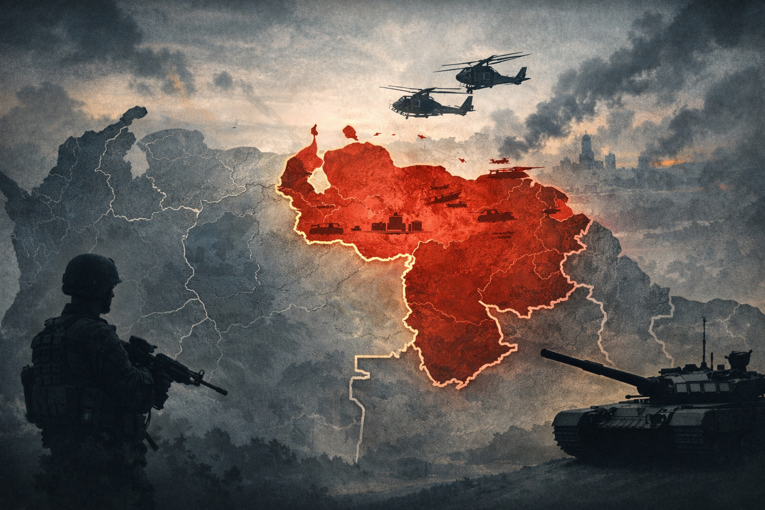 Geopolitical illustration showing Venezuela and regional military tensions in northern South America.