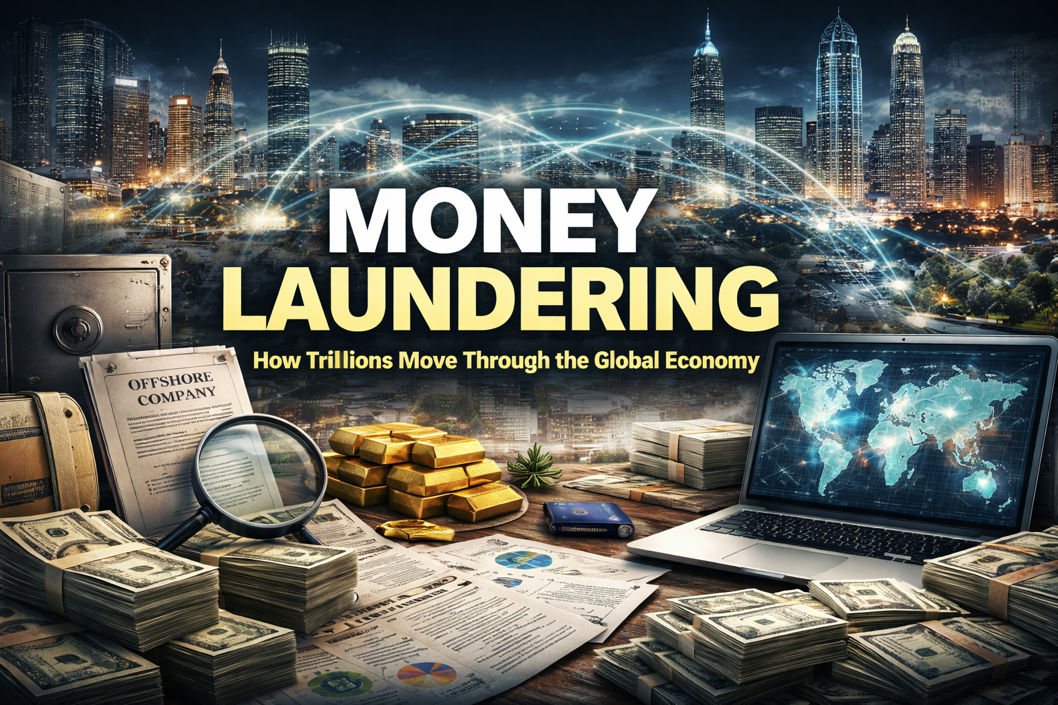 Money Laundering and Global financial district skyline symbolizing international capital movement