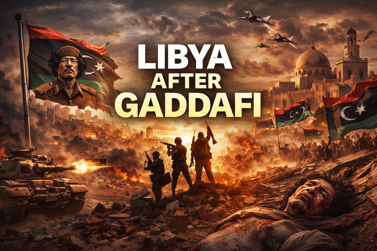 Illustration depicting post-Gaddafi Libya with armed fighters, damaged cityscape, Libyan flags and military aircraft overhead symbolising conflict and political fragmentation.
