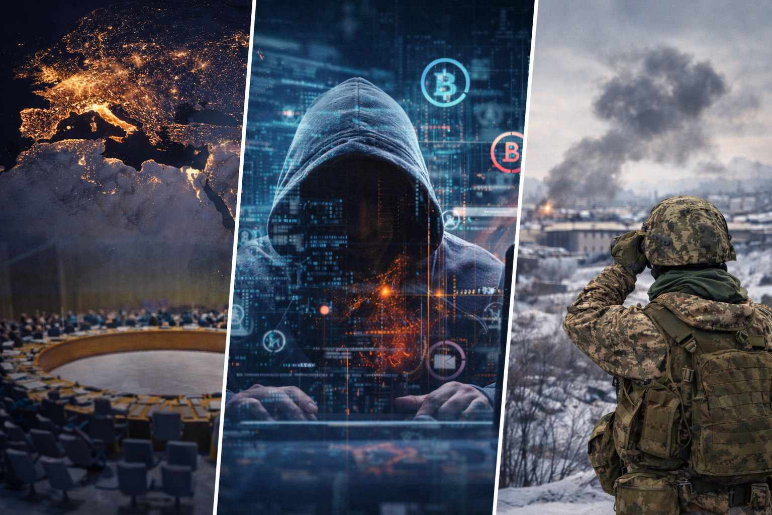 Banner illustrating counterterrorism after 9/11 with sanctions stamp, cryptocurrency symbol, security shield, and financial compliance imagery representing global security risks.