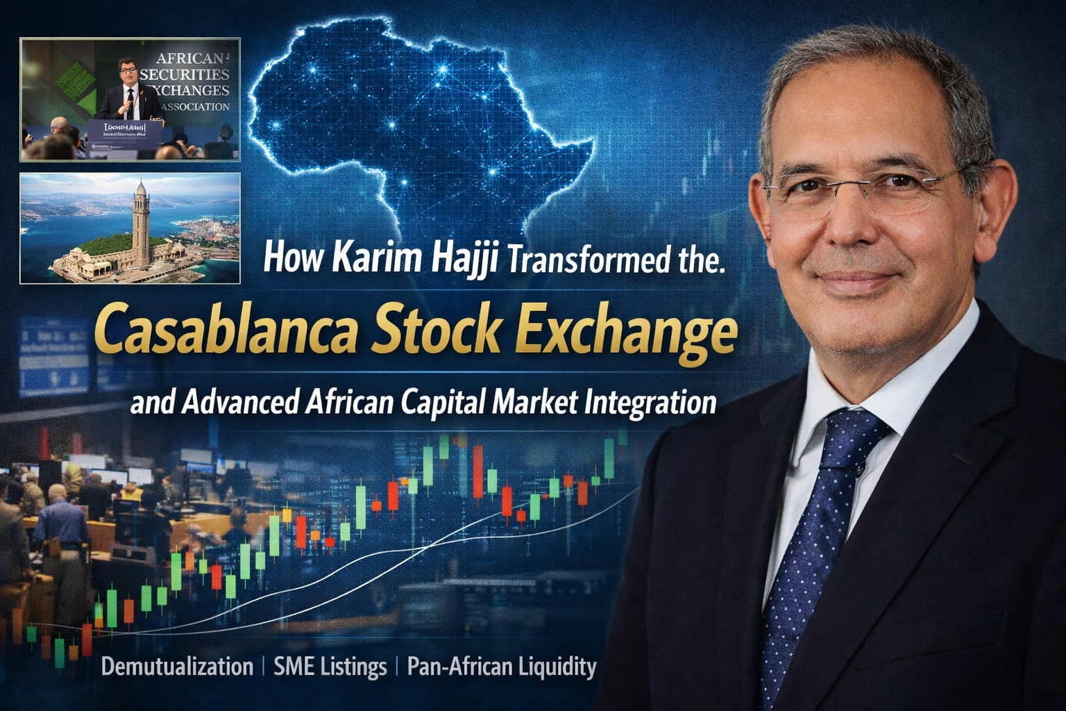 Karim Hajji, former CEO of the Casablanca Stock Exchange, Morocco featured in a banner highlighting demutualization, SME listings, and African capital market integration.