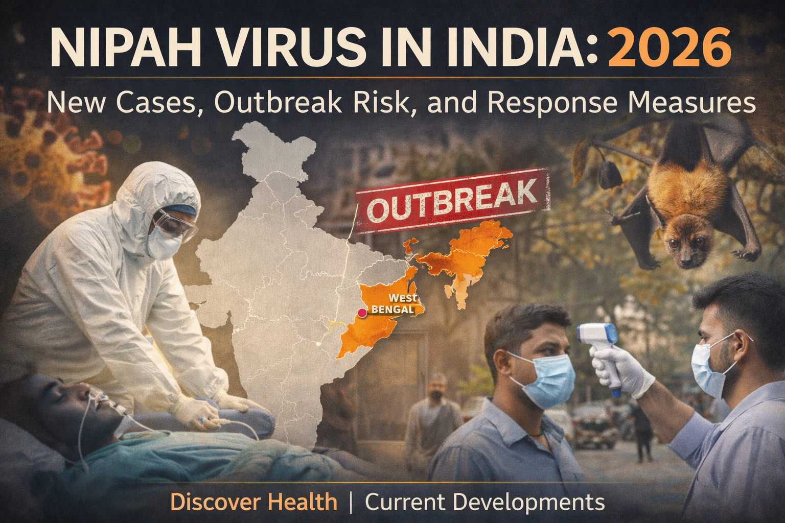 Illustration showing a healthcare worker in protective gear, a map highlighting West Bengal, and a fruit bat, representing Nipah virus cases in India in 2026.