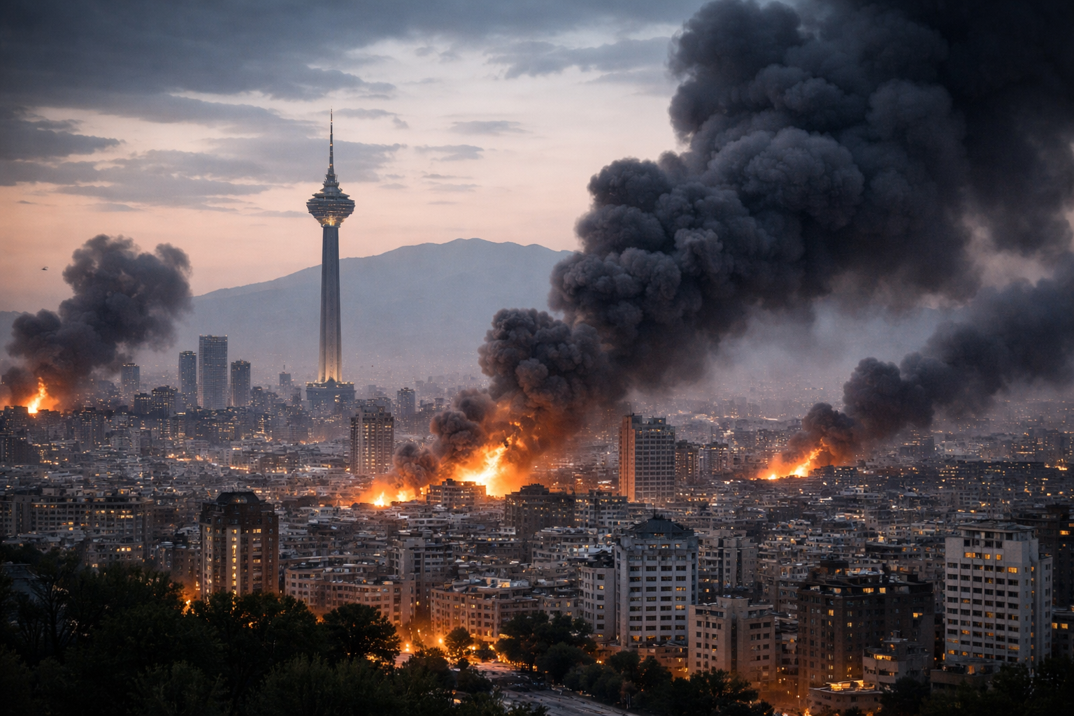 Smoke rises over Tehran skyline after Israeli and US air strikes on February 28, 2026