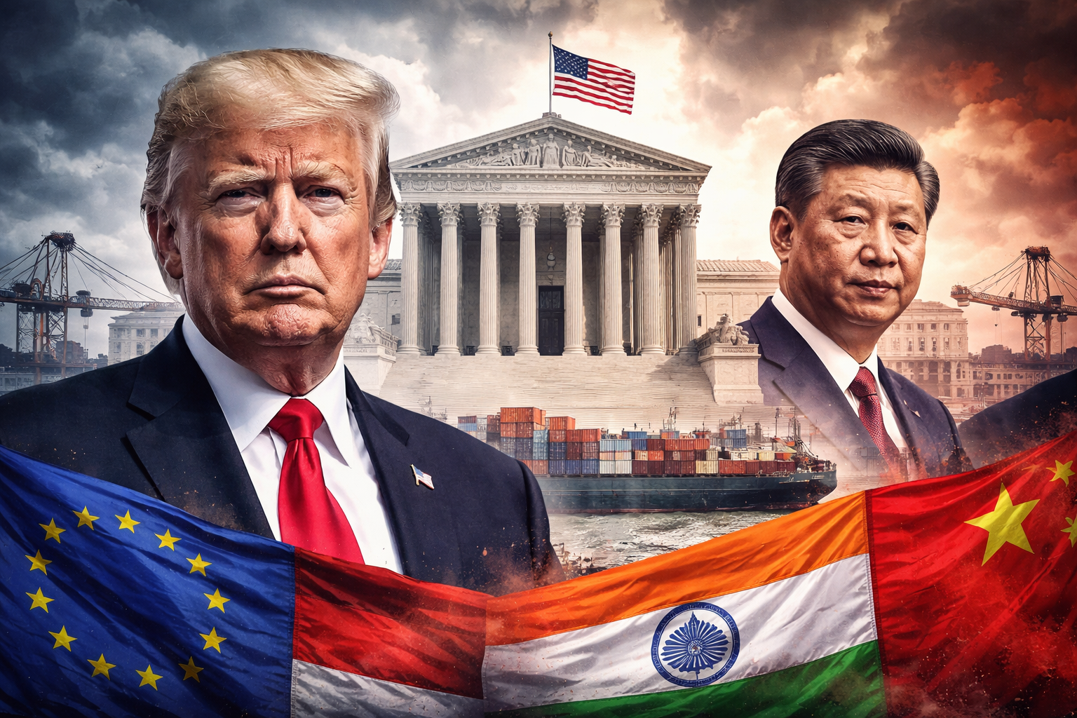 Donald Trump and Xi Jinping in front of the US Supreme Court with global trade ships and flags symbolizing tariff tensions.