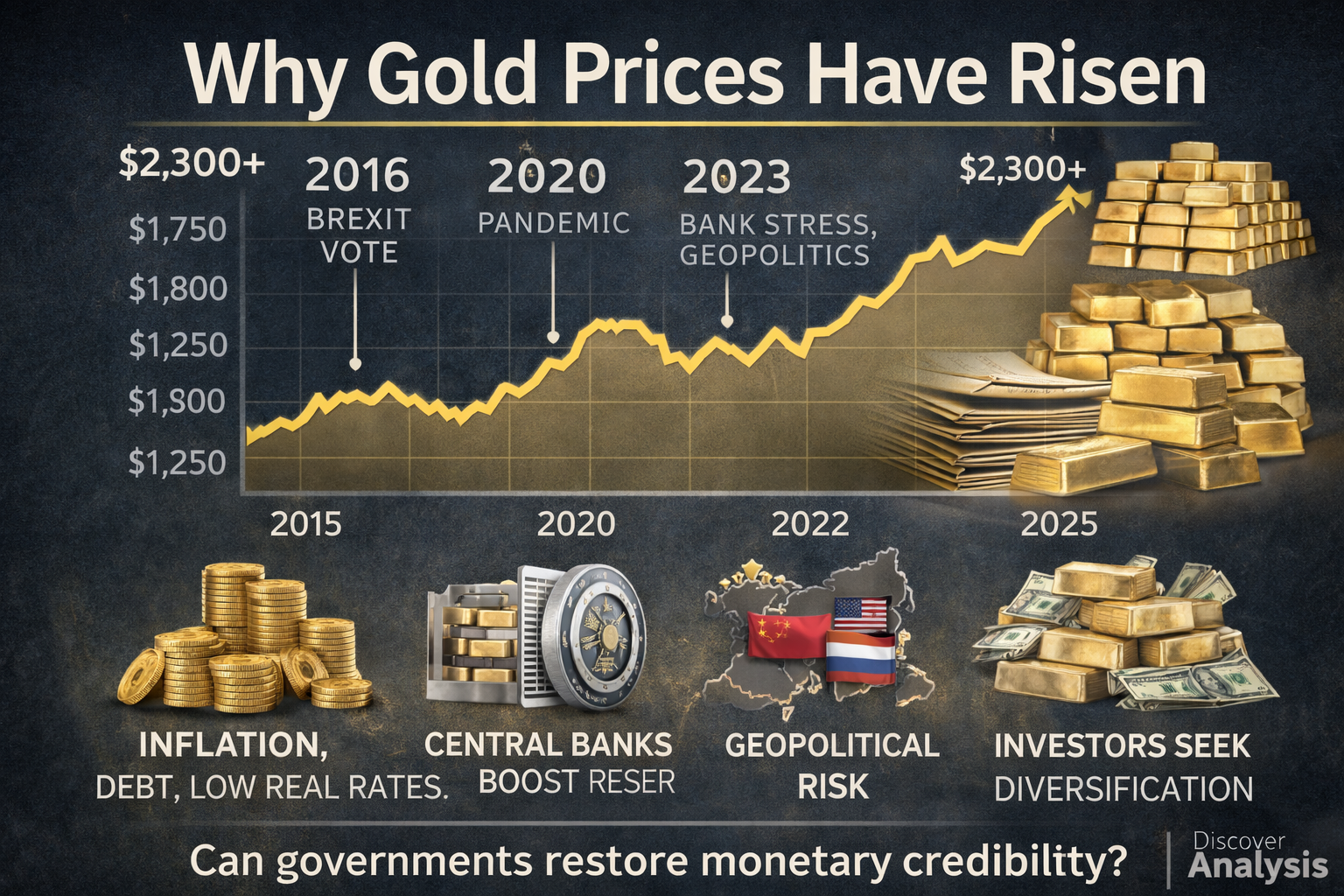 Chart showing gold prices rising from 2015 to 2025 with annotations for Brexit, the pandemic, banking stress, and central bank buying.