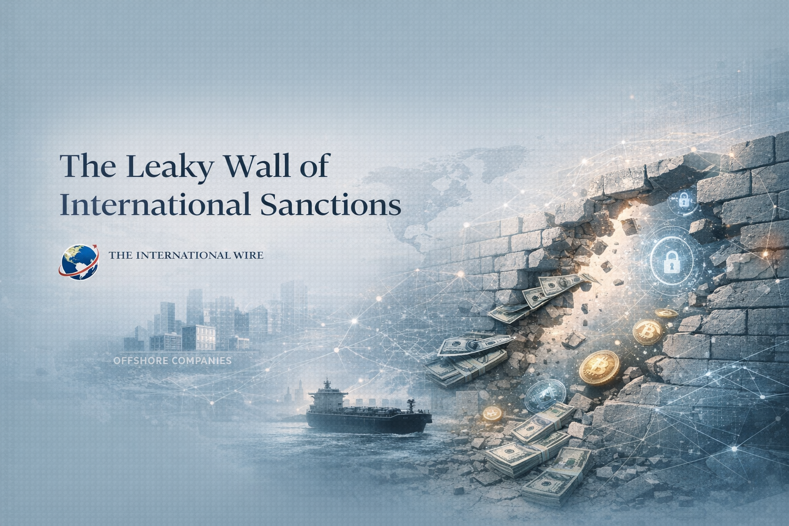 International sanctions evasion banner with cracked wall and global trade network illustration