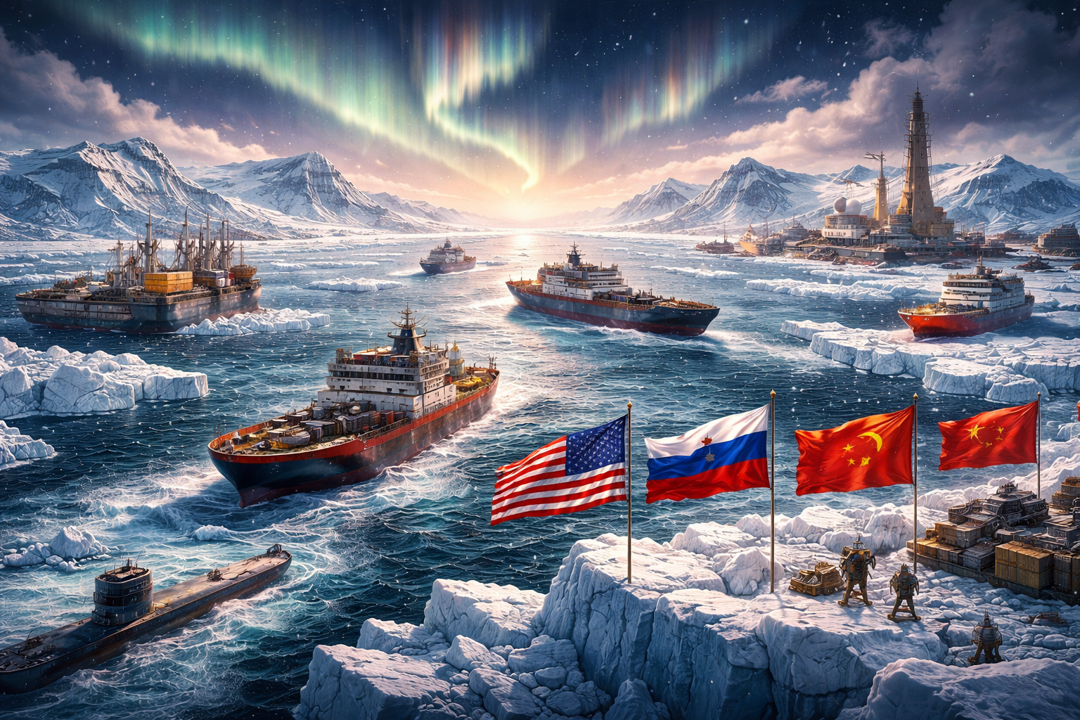 Arctic ocean with icebreakers and ships navigating melting ice, representing geopolitical competition and new trade routes