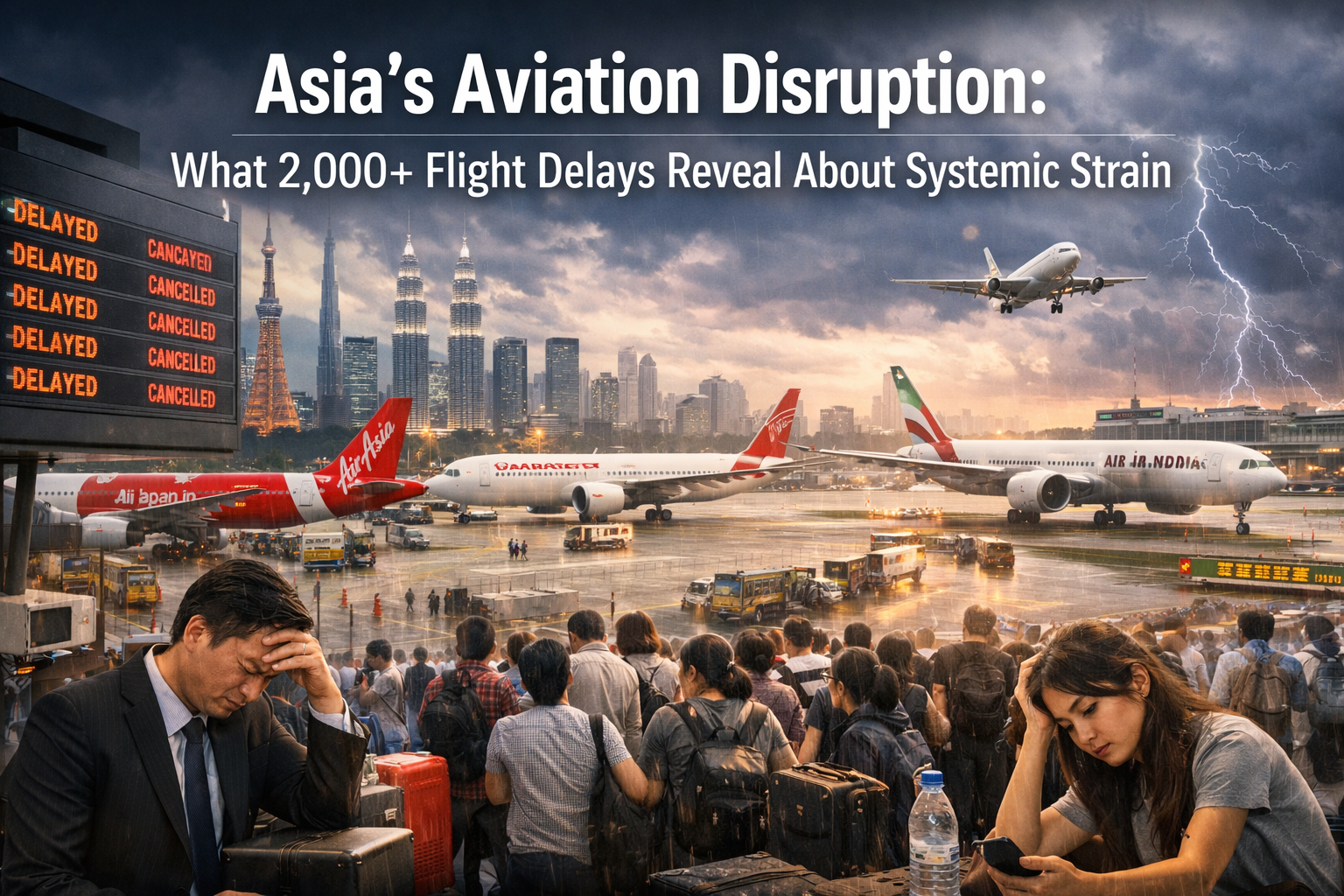 crowded airport terminal passengers flight delays Asia