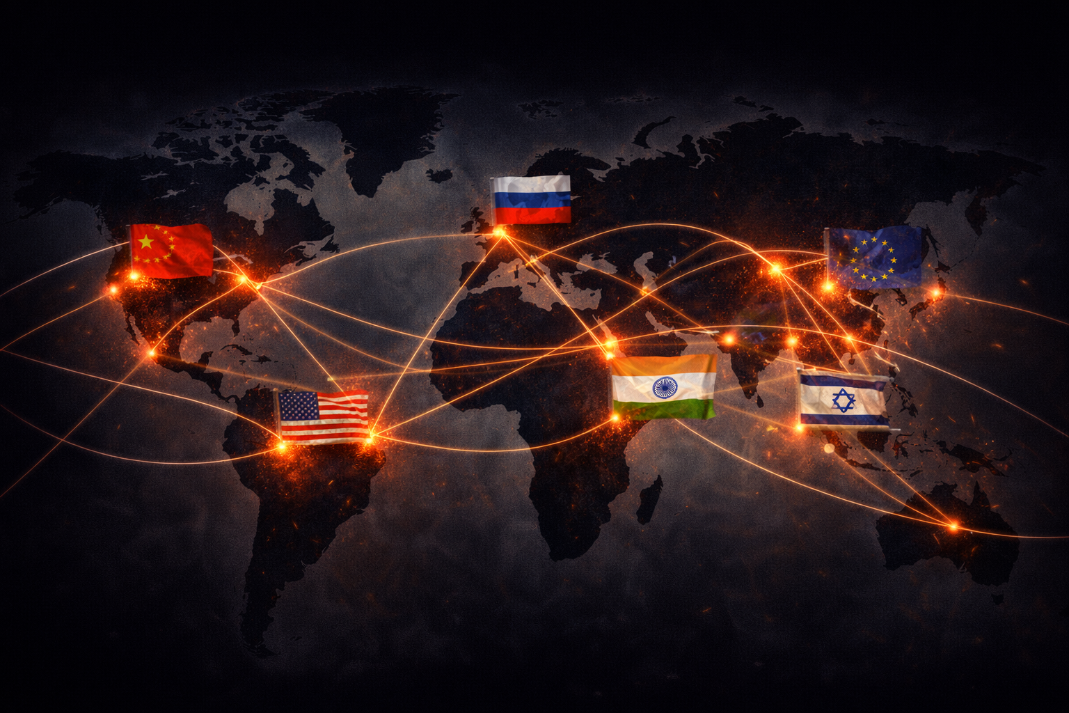 World map illustrating complex global alliances and strategic partnerships shaping modern diplomacy.