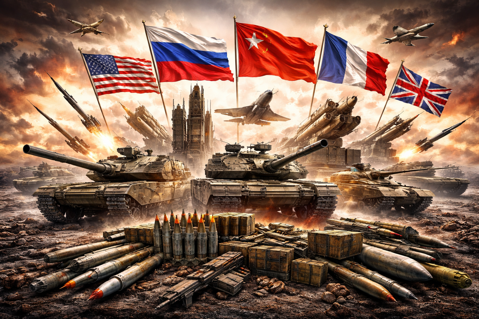 Tanks, missiles, and fighter jets representing the global arms trade and defence industry competition