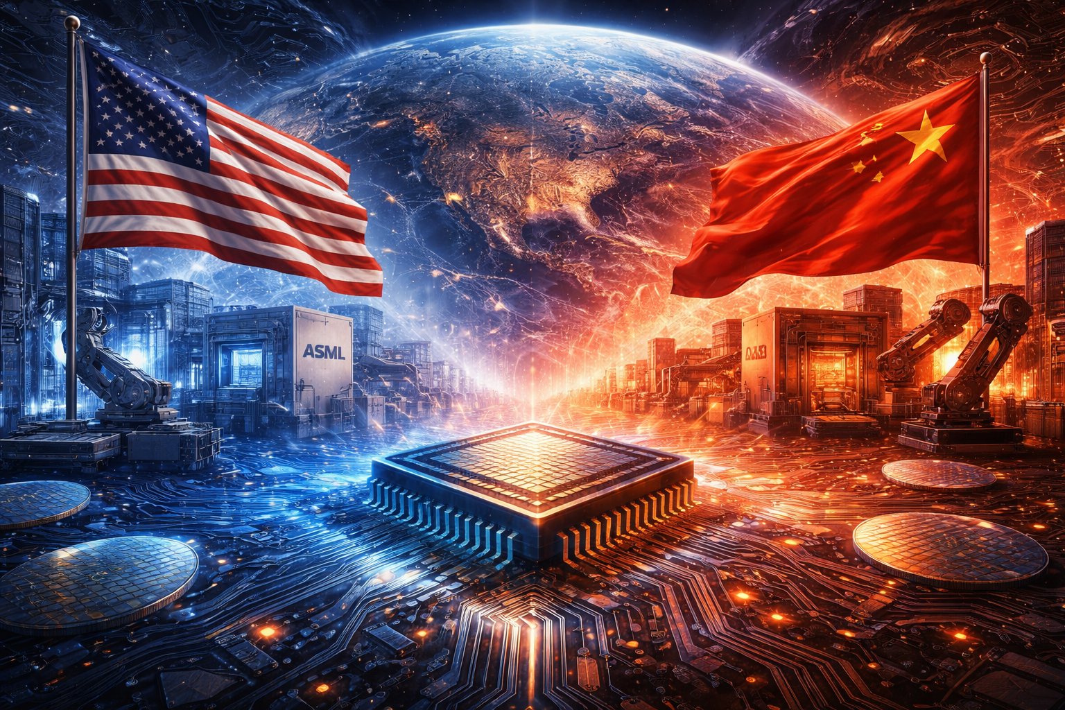 Microchip with US and China flags representing global semiconductor competition and supply chain geopolitics