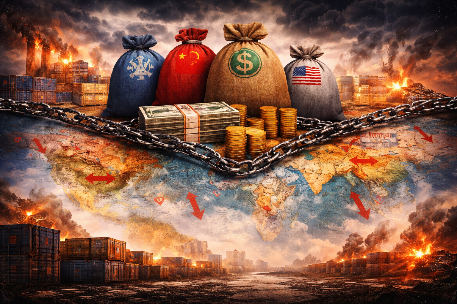 Money bags chained over a world map symbolising global debt crisis and financial stress in developing economies