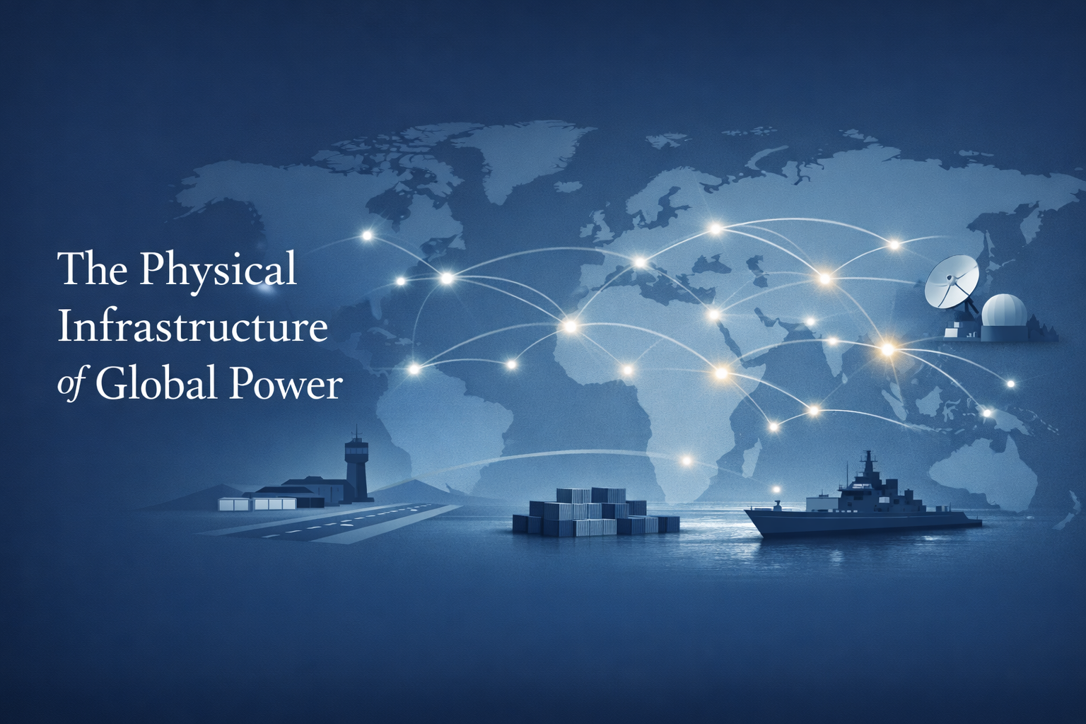 Global military infrastructure network banner with world map and strategic base nodes