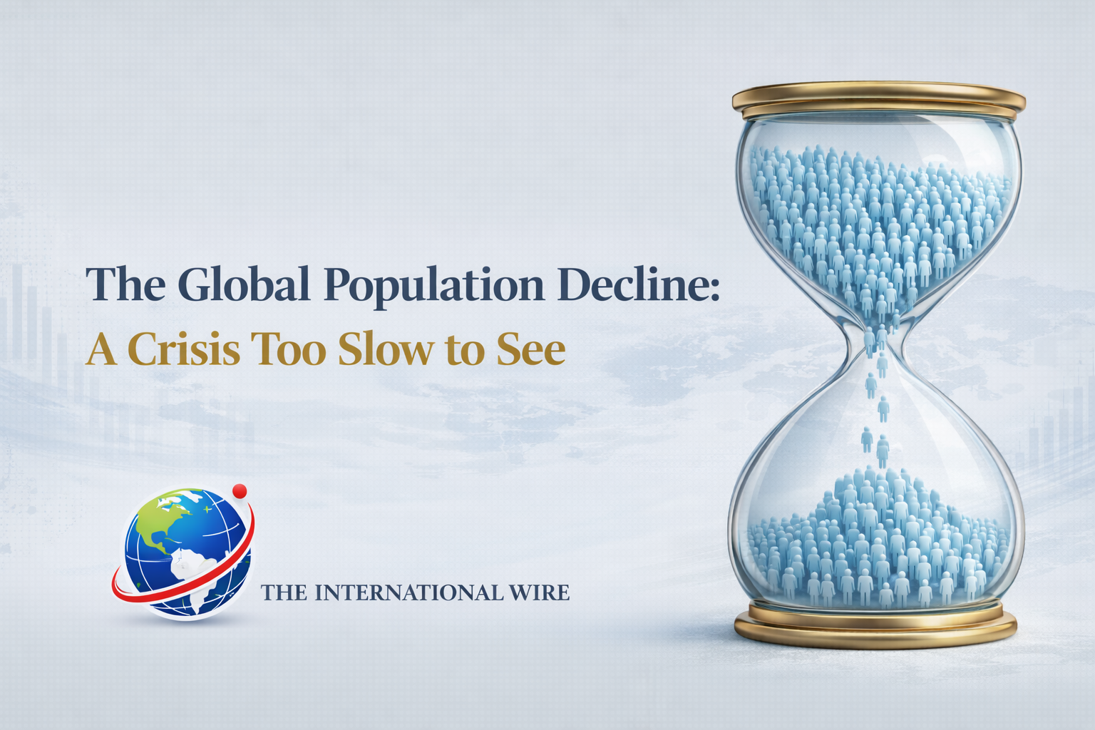 Global population decline demographic crisis banner with hourglass illustration