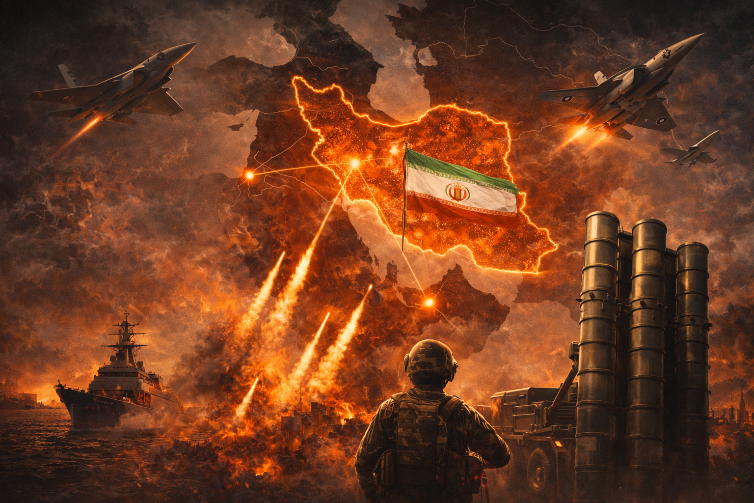 Map of Iran with missiles aircraft and naval forces representing military confrontation with US and Israel