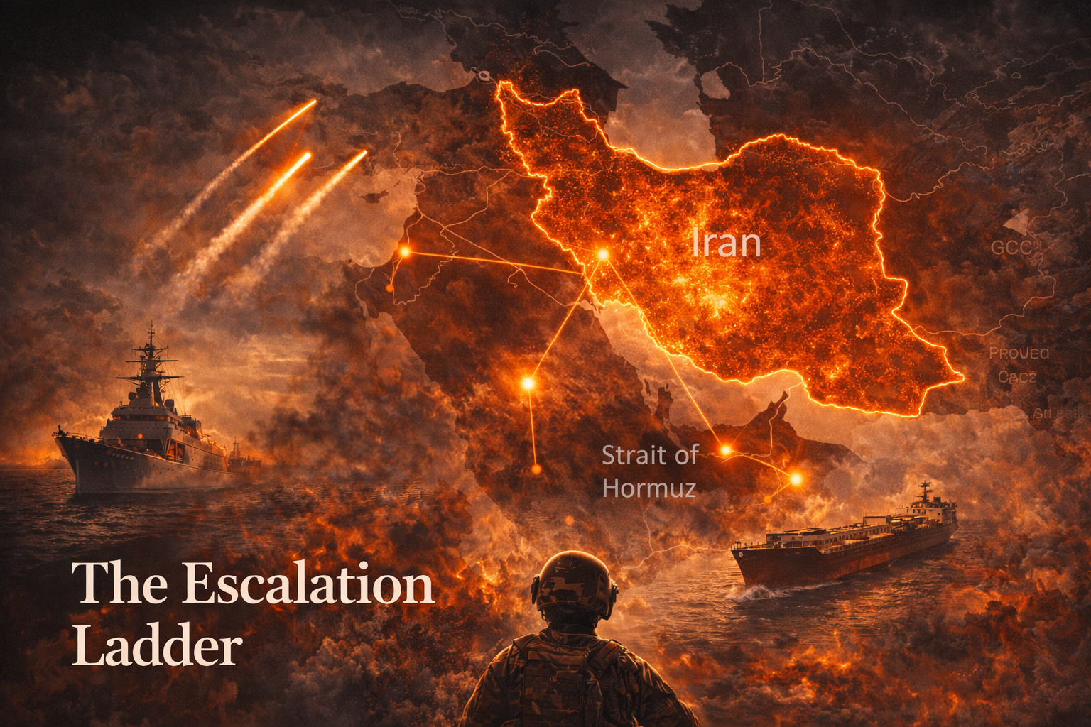 Map showing Iran and Strait of Hormuz with naval ships missiles and oil tankers representing escalation risks