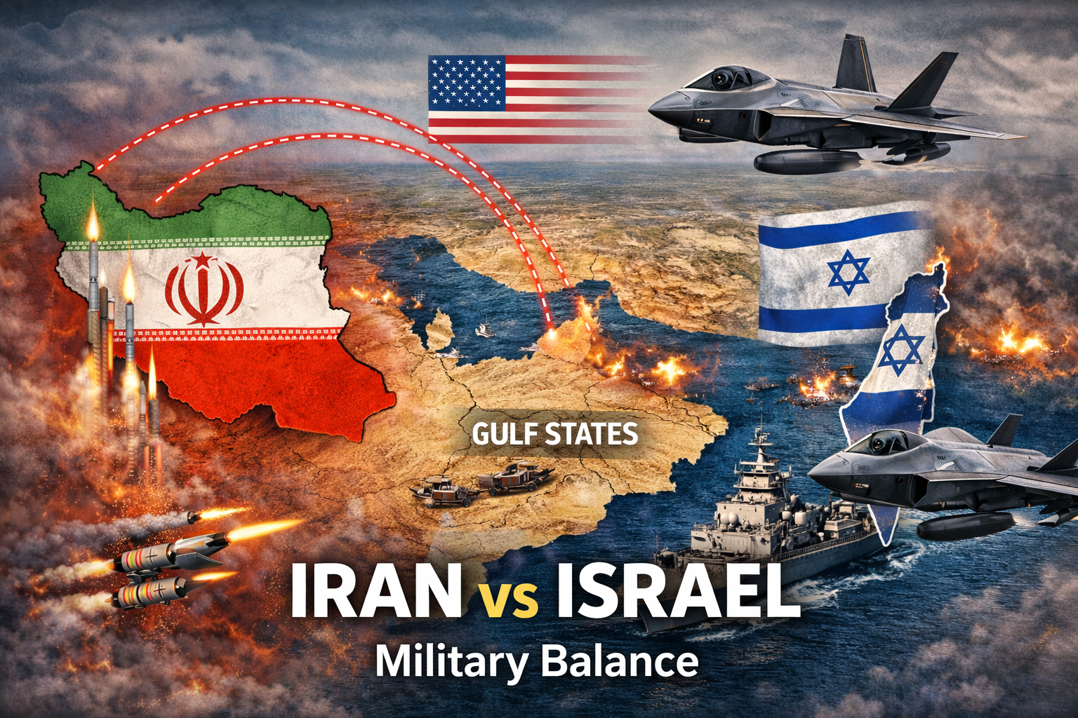 Map showing Iran Israel military capabilities including missile ranges, US bases and Gulf states defense systems