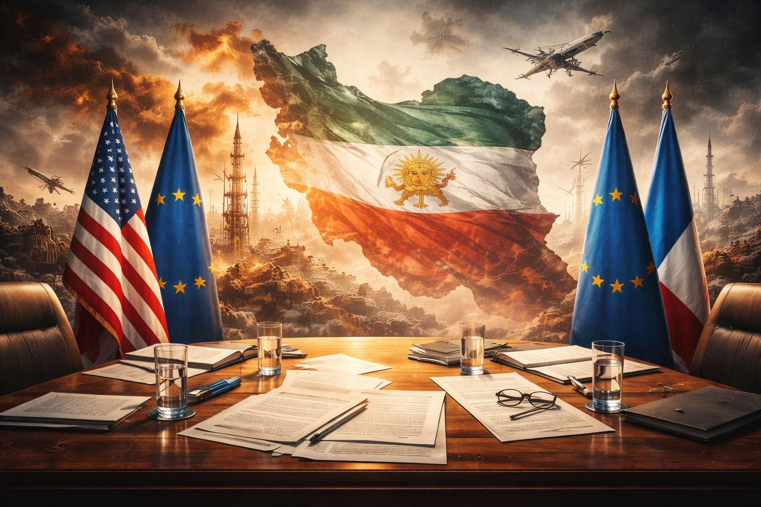 Diplomatic negotiation table with US EU flags and Iran map symbolising nuclear negotiations