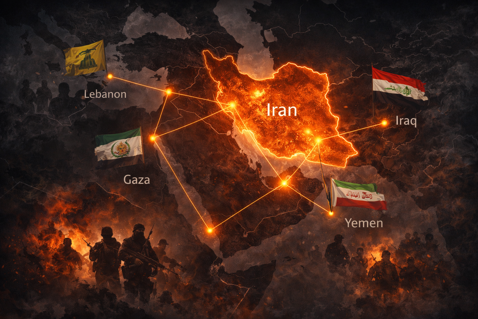 Map showing Iran connected to Lebanon Gaza Iraq and Yemen representing Iran proxy network