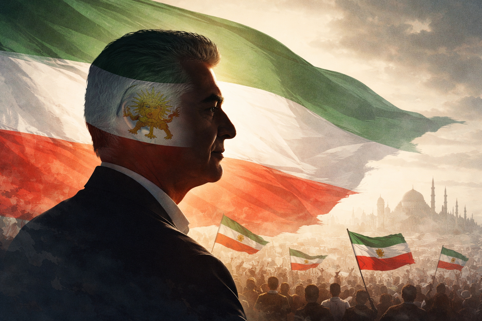 Reza Pahlavi illustration with Iranian flag and protest crowd representing Iran opposition politics