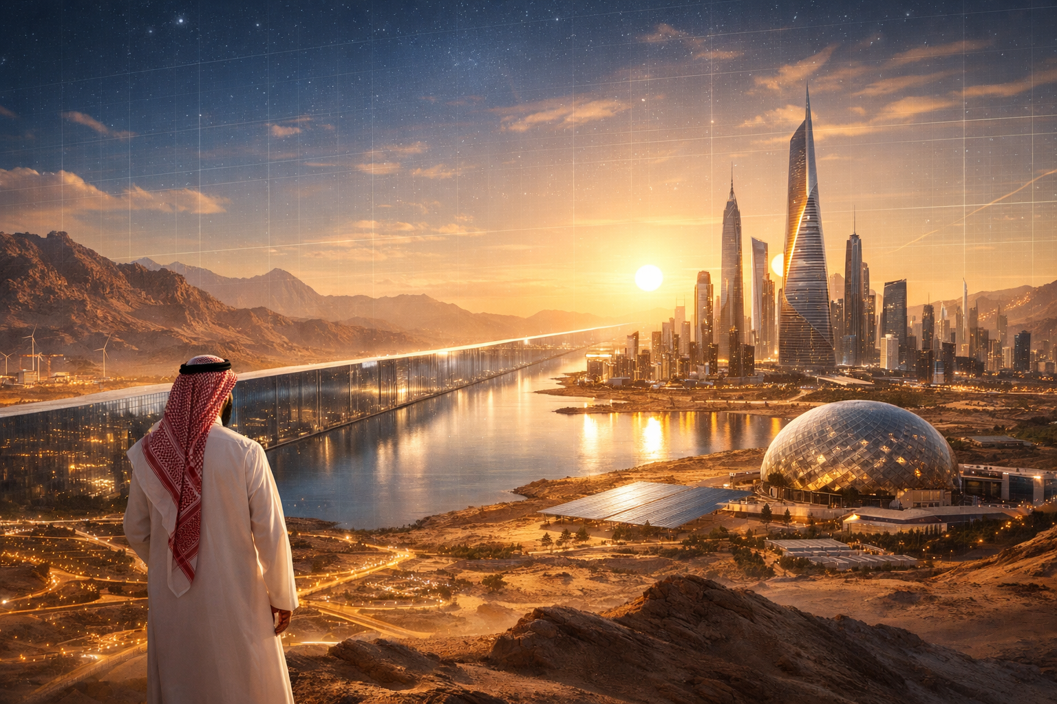 Futuristic Saudi cityscape with NEOM and desert landscape symbolising Vision 2030 economic transformation