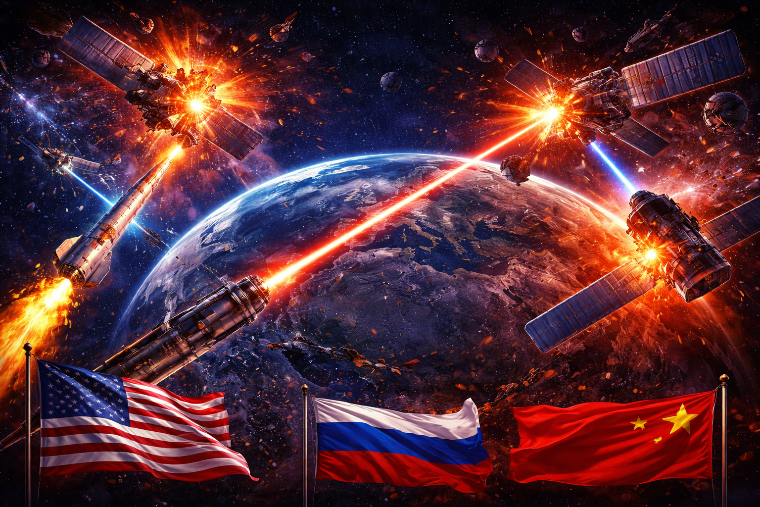 Satellites in orbit under attack with lasers and missiles representing space warfare and anti-satellite weapons