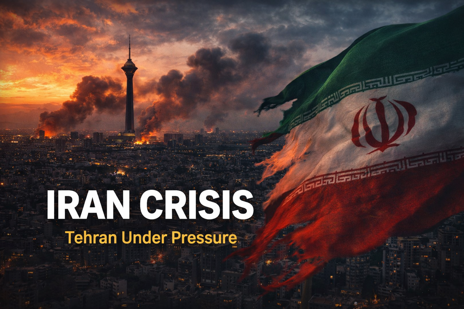 Iran skyline with Azadi Tower and Iranian flag during geopolitical crisis symbolizing potential regime collapse and Middle East instability