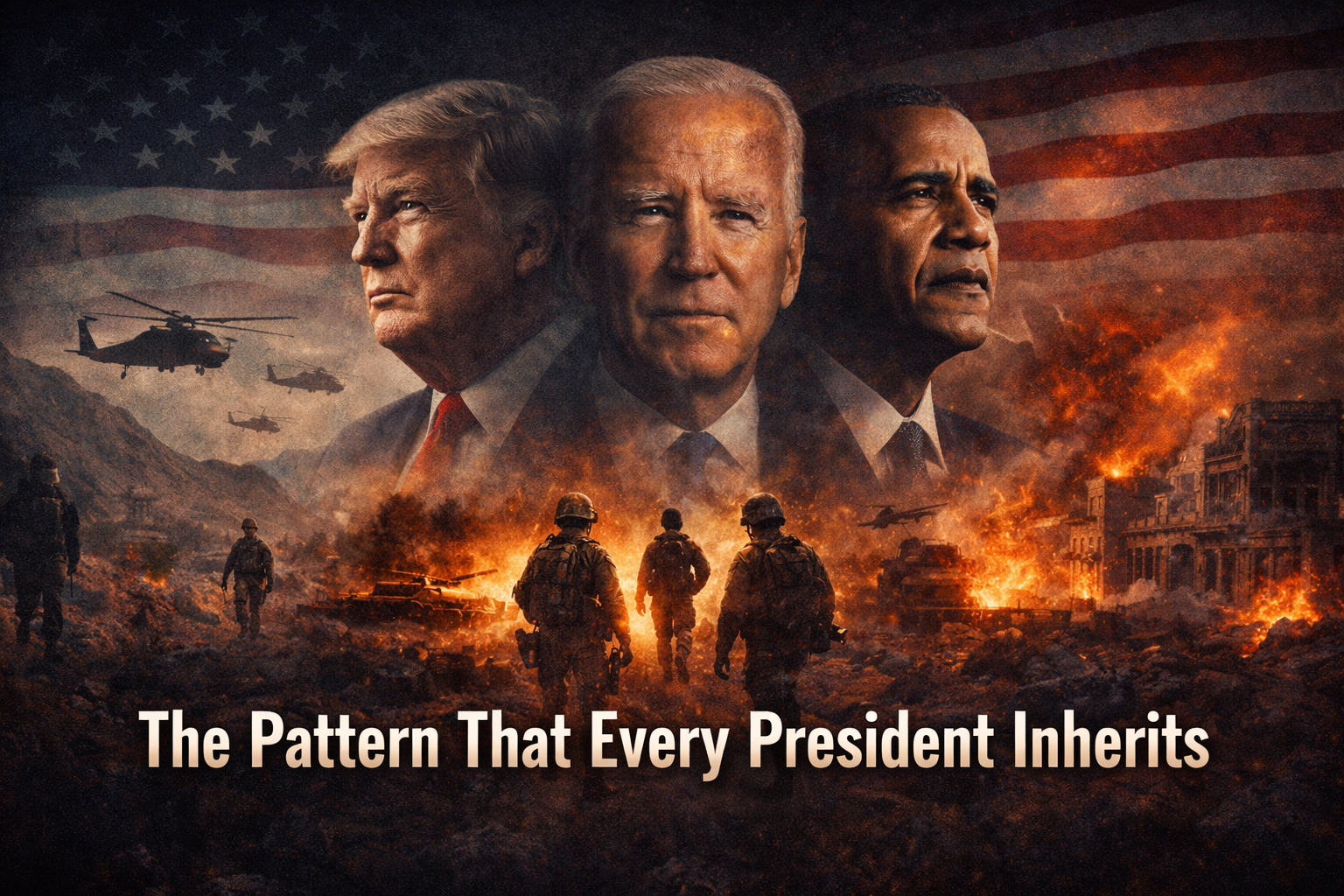 Illustration showing U.S. presidents and American military conflicts representing the historical pattern of U.S. war interventions since World War II.