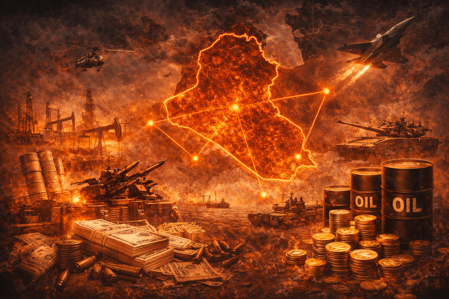 Map of Iraq with oil fields weapons and money symbolizing profits from the Iraq War