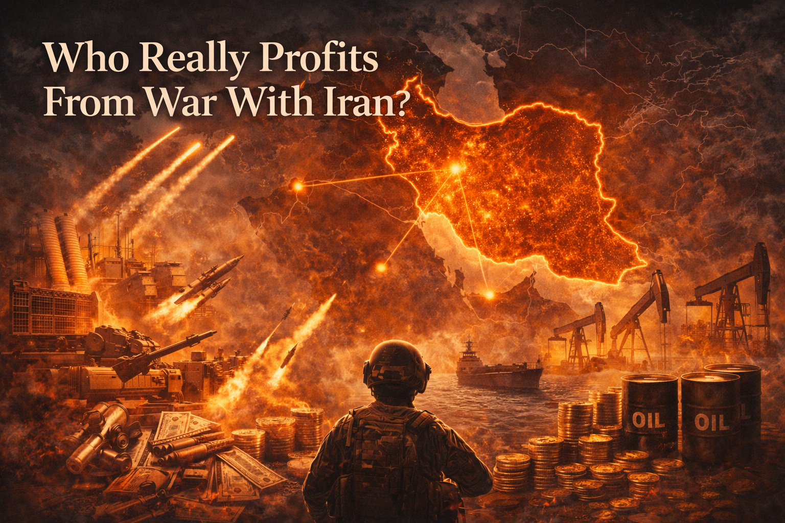 Map of Iran with oil infrastructure weapons and financial symbols representing profits from war