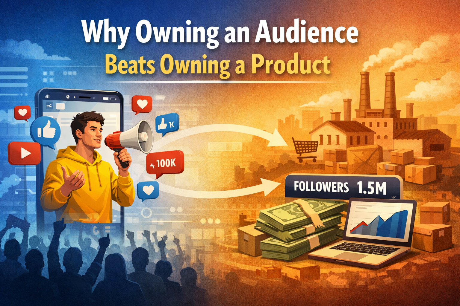 Illustration showing a content creator building a digital audience contrasted with traditional manufacturing, representing the shift to the attention economy