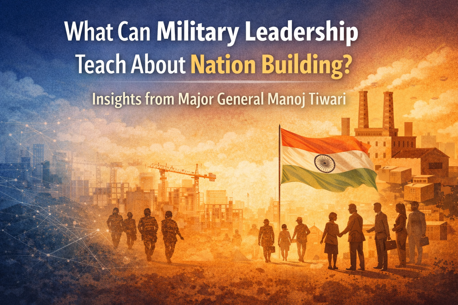 Illustration showing soldiers, civilians, and infrastructure development representing military leadership principles applied to nation building