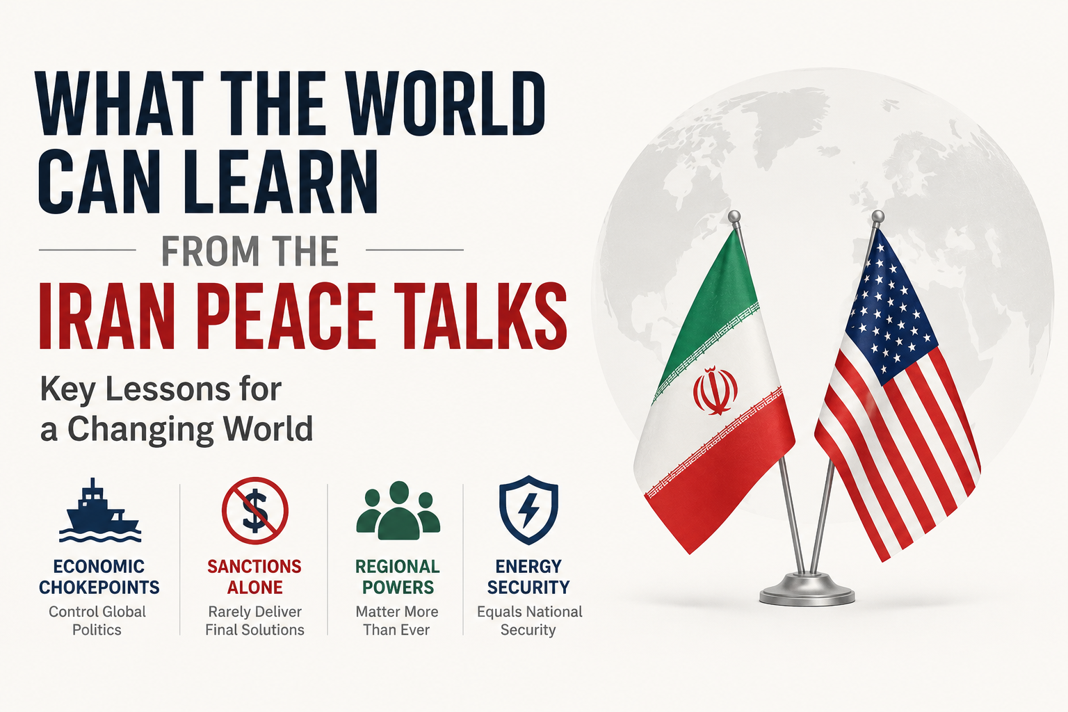 Minimalist geopolitical banner showing U.S. and Iran flags symbolizing diplomacy, energy security, and lessons from the Iran peace talks