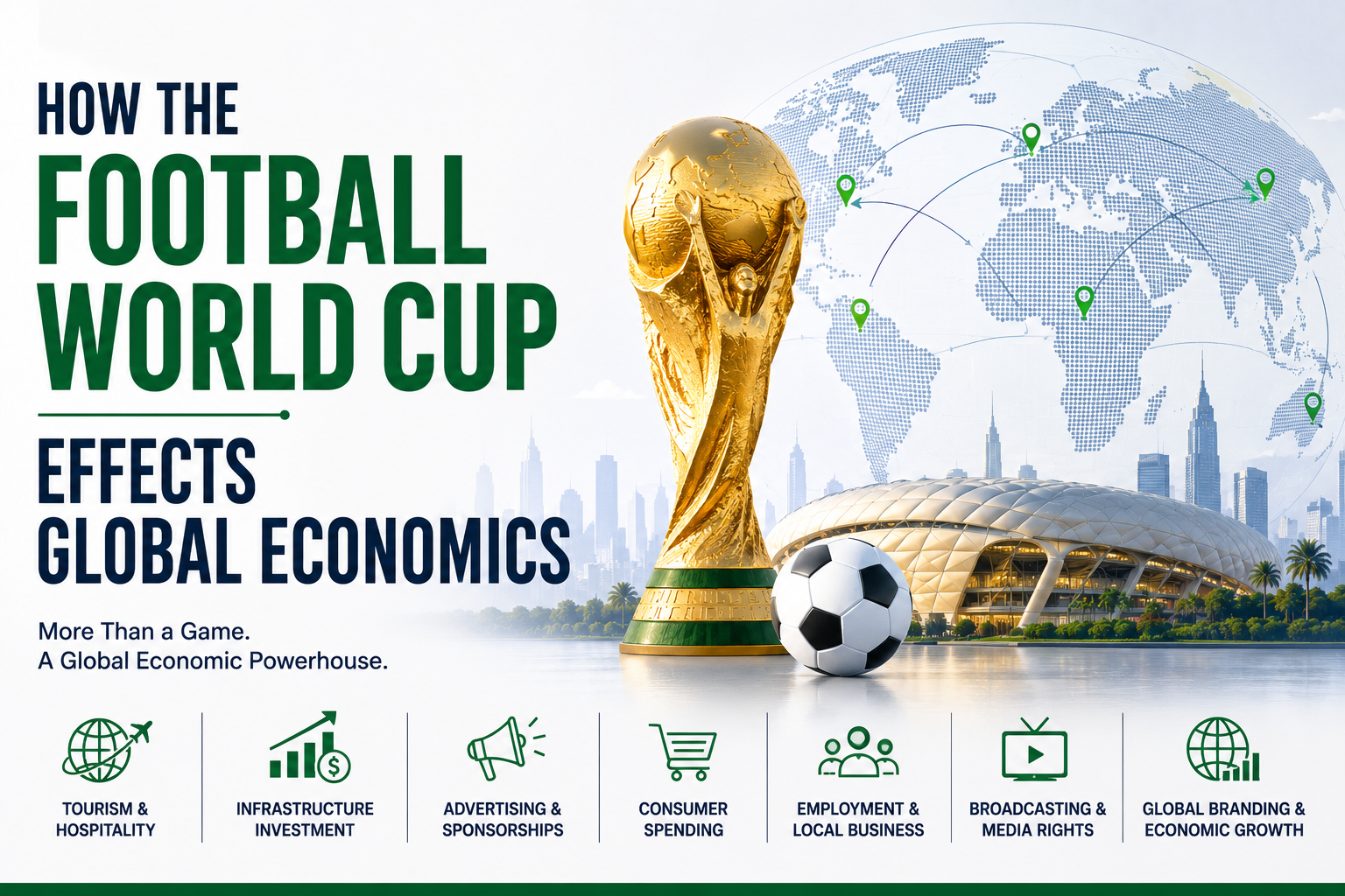 Editorial illustration showing the FIFA World Cup trophy, a football stadium, and a world map connected through trade and economic networks, symbolizing the tournament's impact on tourism, investment, broadcasting, and global commerce.