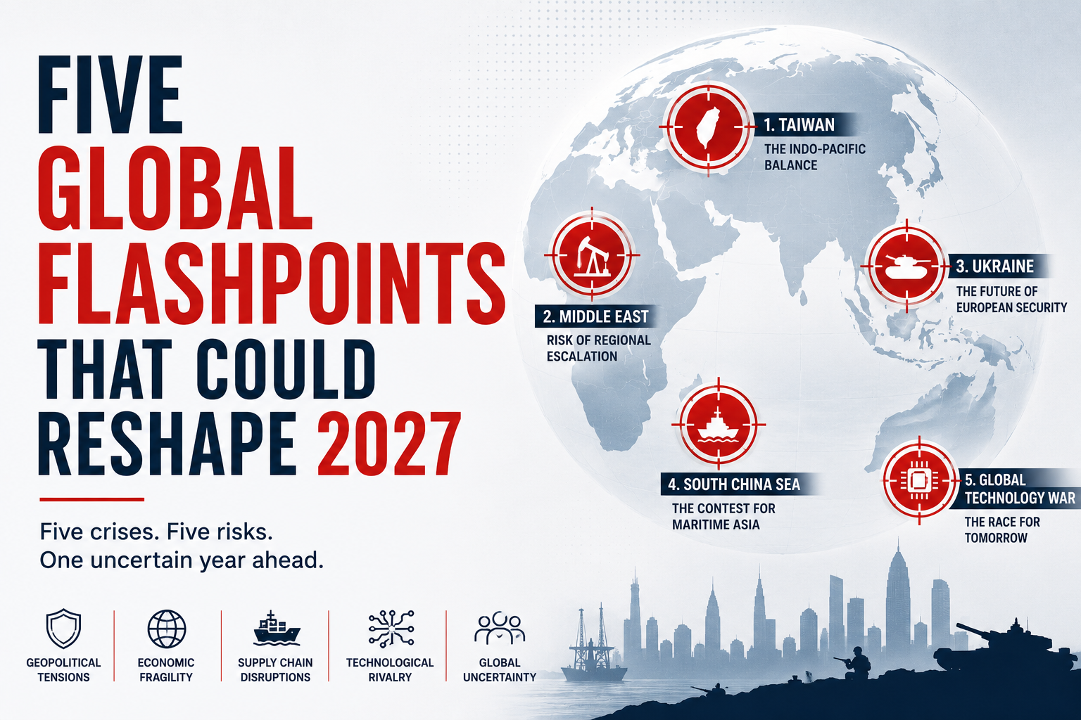Editorial illustration highlighting five global flashpoints in 2027, including Taiwan, the Middle East, Ukraine, the South China Sea, and the global technology war, against a world map representing geopolitical risk and uncertainty.