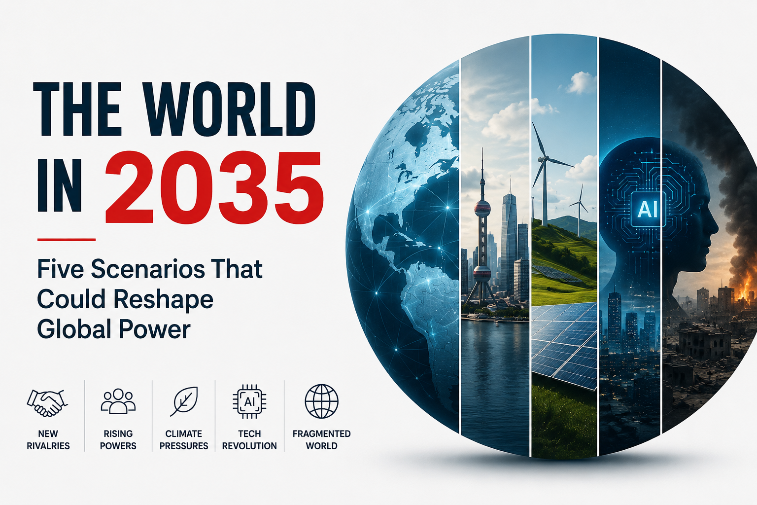 A futuristic illustration depicting five scenarios that could reshape global power by 2035, including AI, climate change, emerging powers, and geopolitical competition.