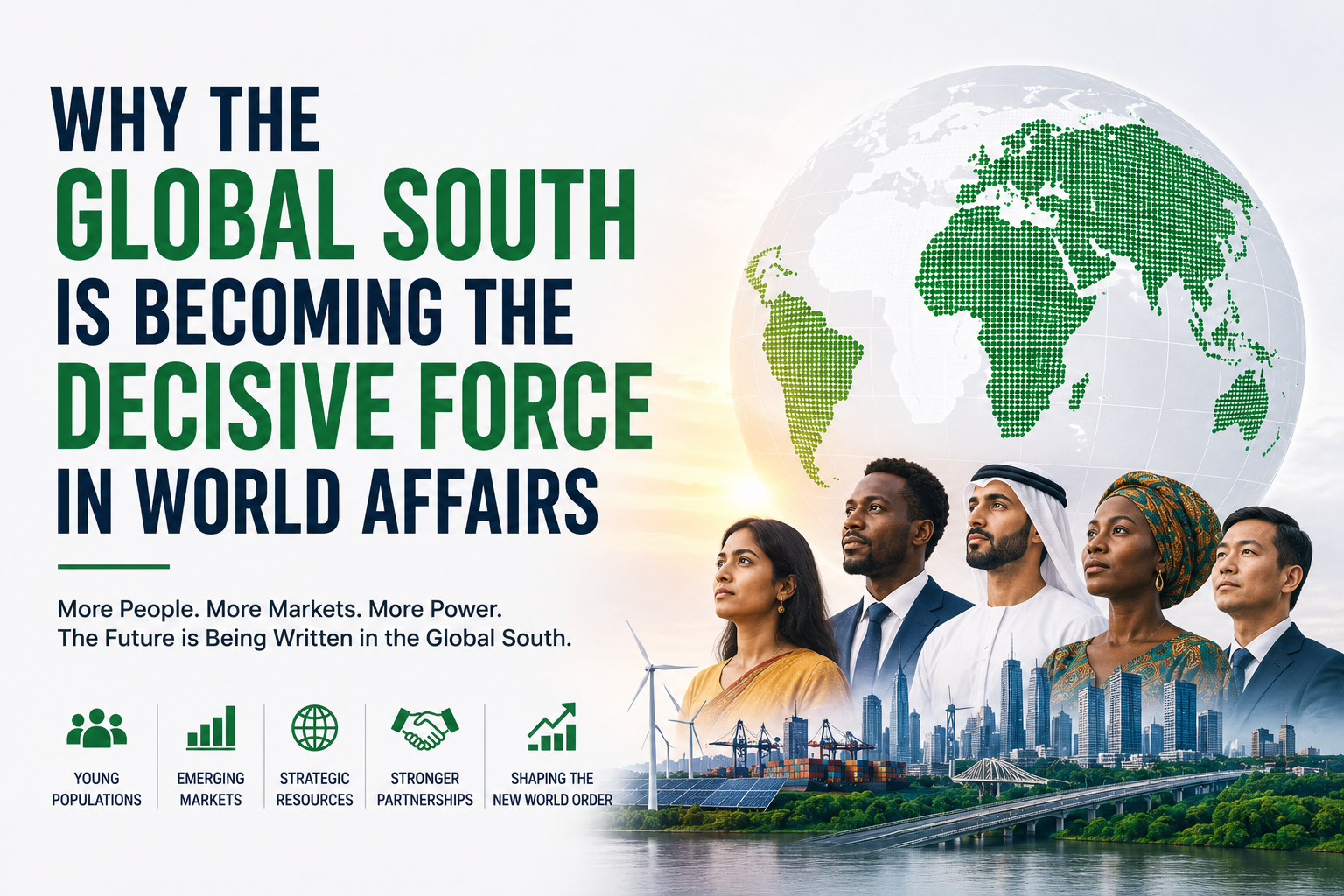 Editorial illustration showing diverse leaders and emerging economies across Asia, Africa, Latin America, and the Middle East symbolizing the growing influence of the Global South in world affairs.