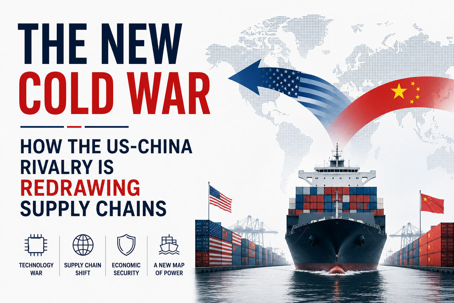 Editorial illustration showing the United States and China competing over global supply chains, with cargo ships, container ports, and a world map representing shifting trade routes and strategic globalization.