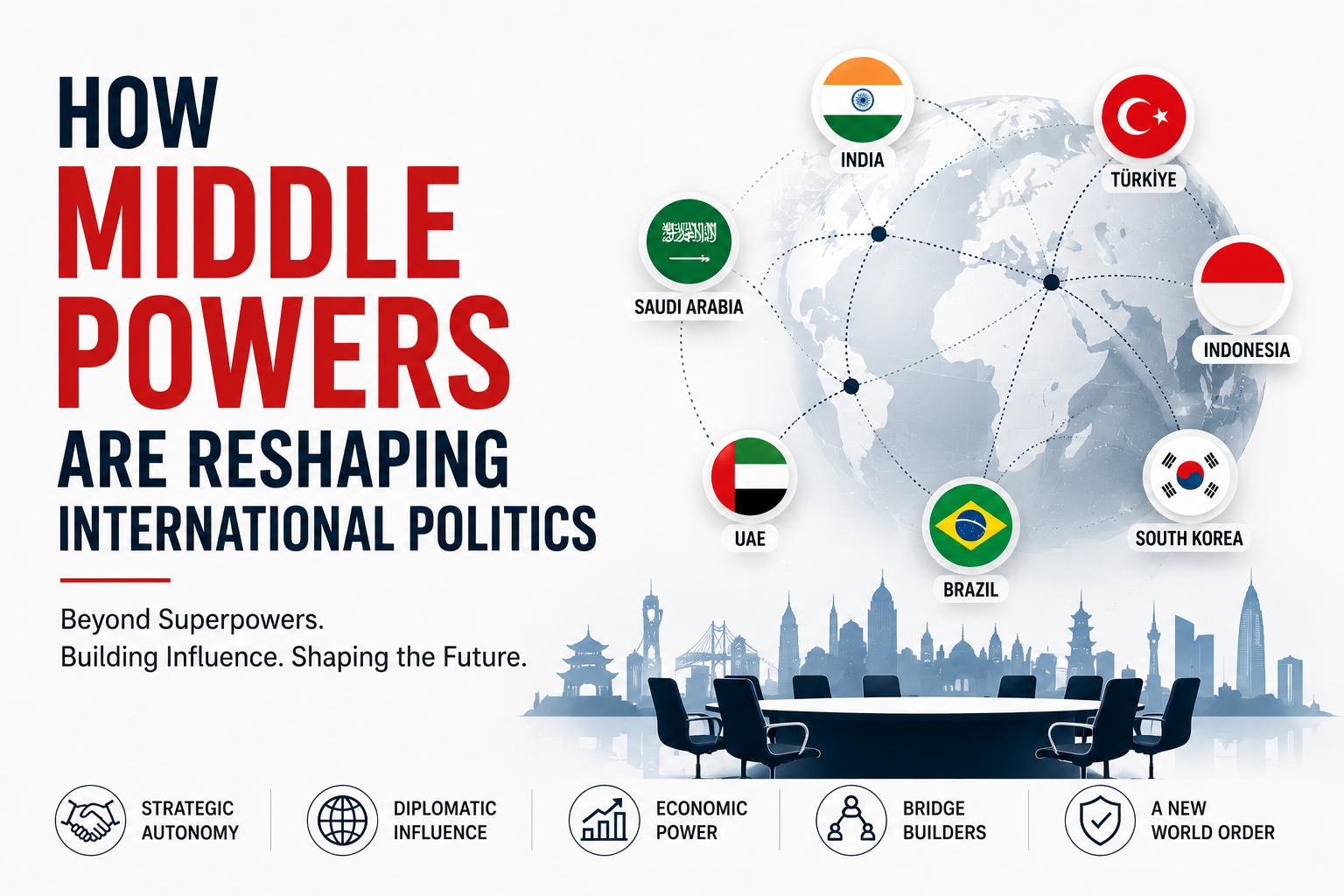 Editorial illustration depicting emerging middle powers such as India, Saudi Arabia, Brazil, Türkiye, Indonesia, and the UAE connected through diplomatic and economic networks in an increasingly multipolar world.