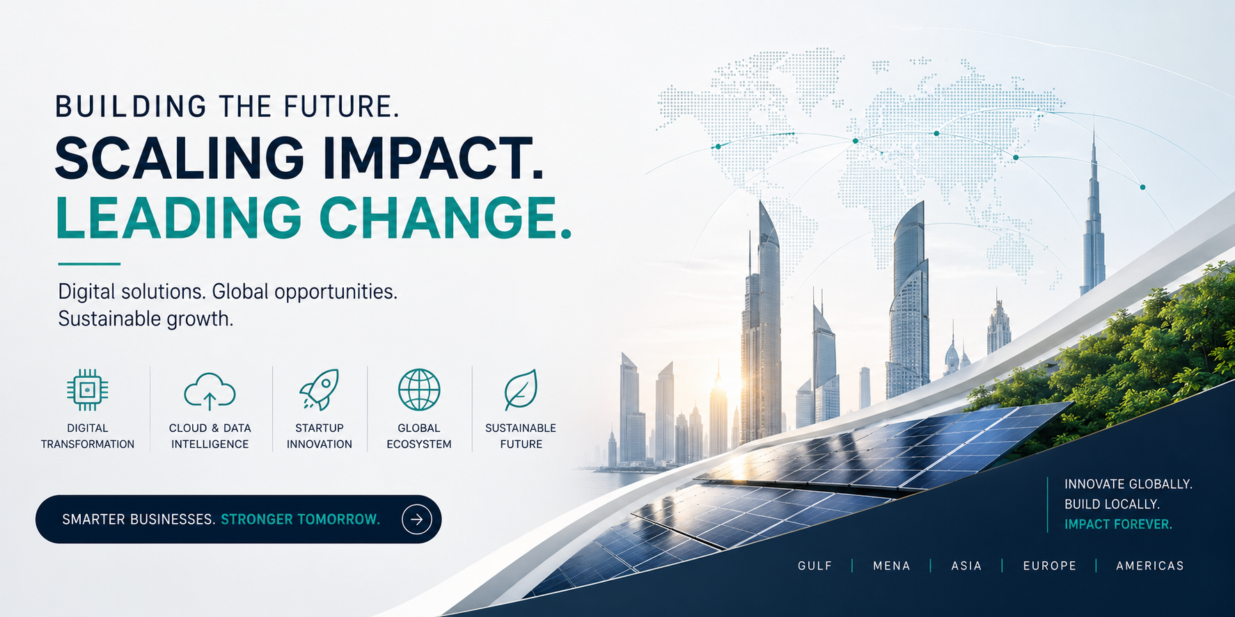 A futuristic global innovation landscape showing artificial intelligence, biotechnology, renewable energy, cybersecurity, robotics, space technology, and emerging industries that could create the next trillion-dollar companies.