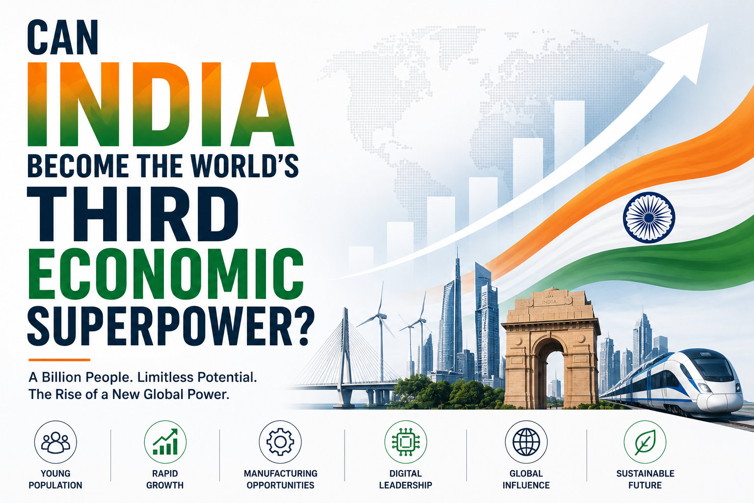 Editorial illustration depicting India's economic rise with the Indian flag, modern infrastructure, digital innovation, manufacturing growth, and an upward growth curve symbolizing its ambition to become the world's third economic superpower.