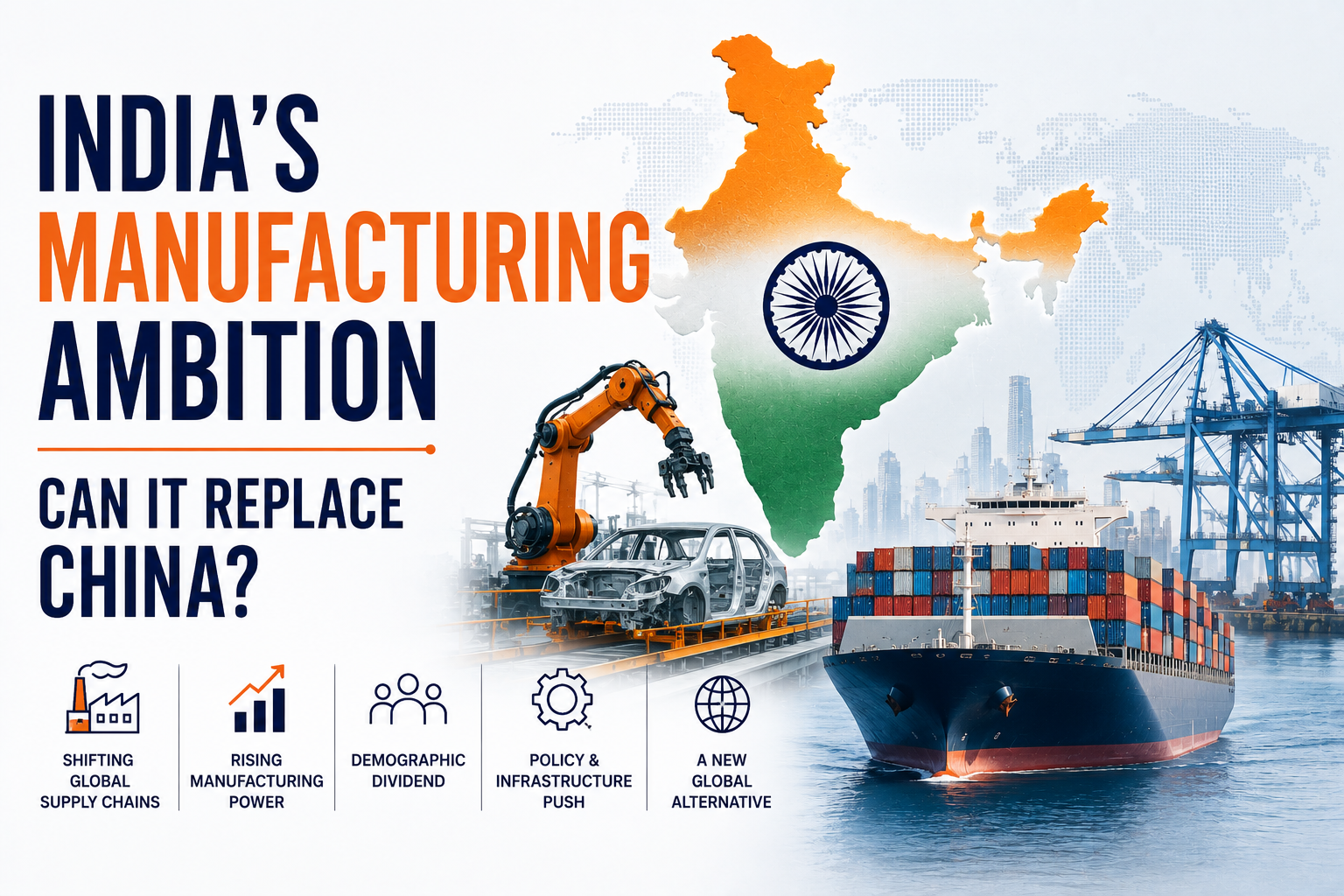 Editorial illustration featuring India's map, manufacturing facilities, industrial robots, container ships, and logistics infrastructure representing India's ambition to become a global manufacturing powerhouse and diversify supply chains beyond China.