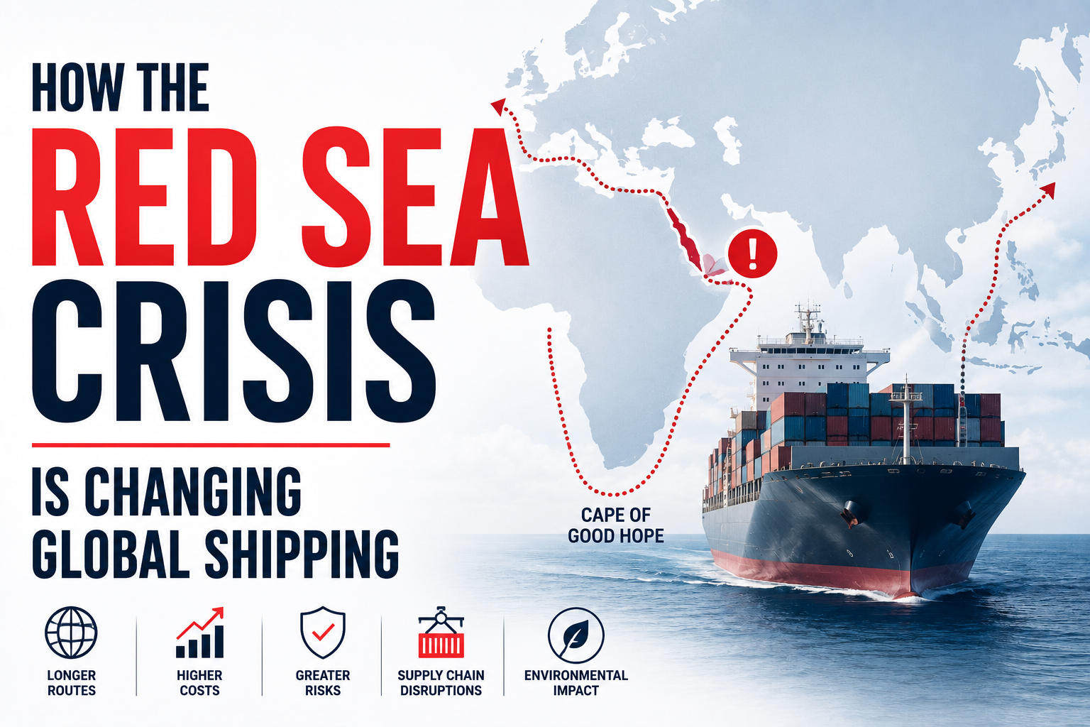 Editorial illustration showing a container ship rerouting around the Cape of Good Hope after disruptions in the Red Sea, highlighting the impact on global shipping, supply chains, and international trade.