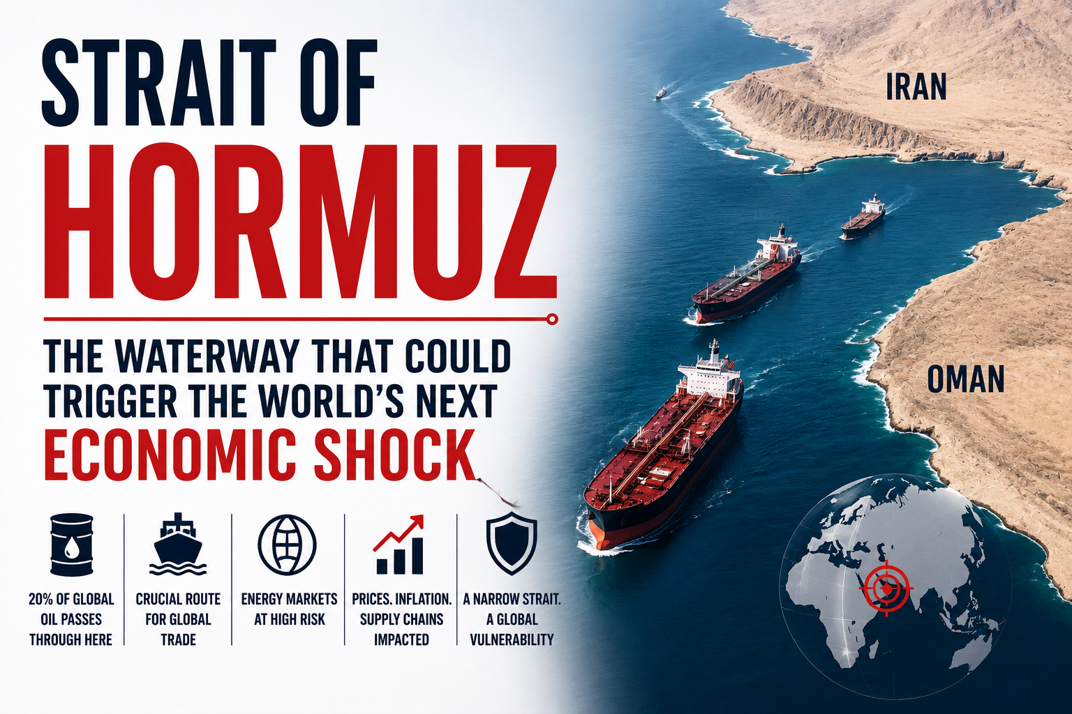 Editorial illustration showing oil tankers transiting the Strait of Hormuz between Iran and Oman, highlighting the strategic maritime chokepoint's importance to global energy supplies, shipping, and international trade.