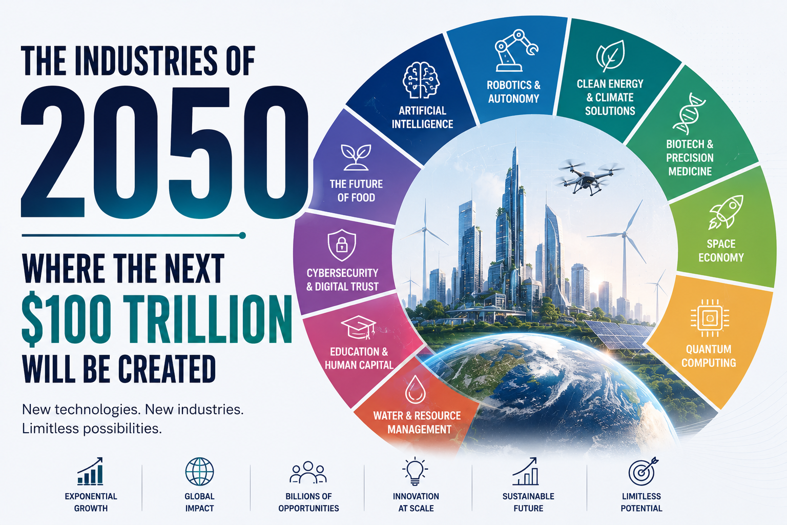 Editorial illustration depicting futuristic industries in 2050, including artificial intelligence, robotics, clean energy, biotechnology, quantum computing, space technology, and smart cities, symbolizing the next wave of global wealth creation.